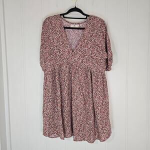 Natural Life Stella V-Neck Mini Dress Ditsy Floral Red Pink Baby Doll Size M